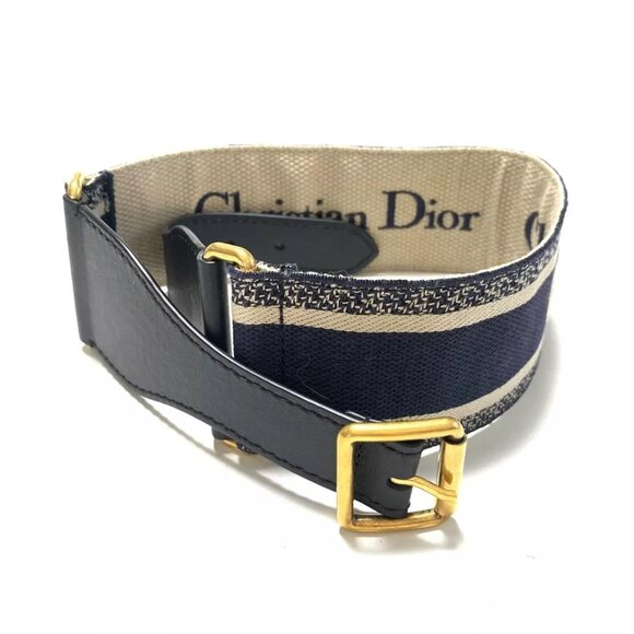Dior Accessories - Auth Christian Dior Dark Navy Cream Jacquard Leather Hardware Belt 433-113024